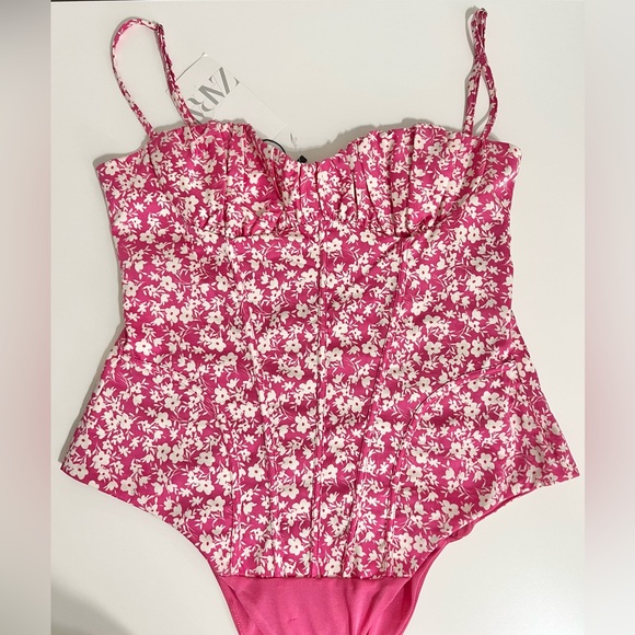 Zara Pink Floral Corset Bodysuit Size Large - Picture 9 of 15
